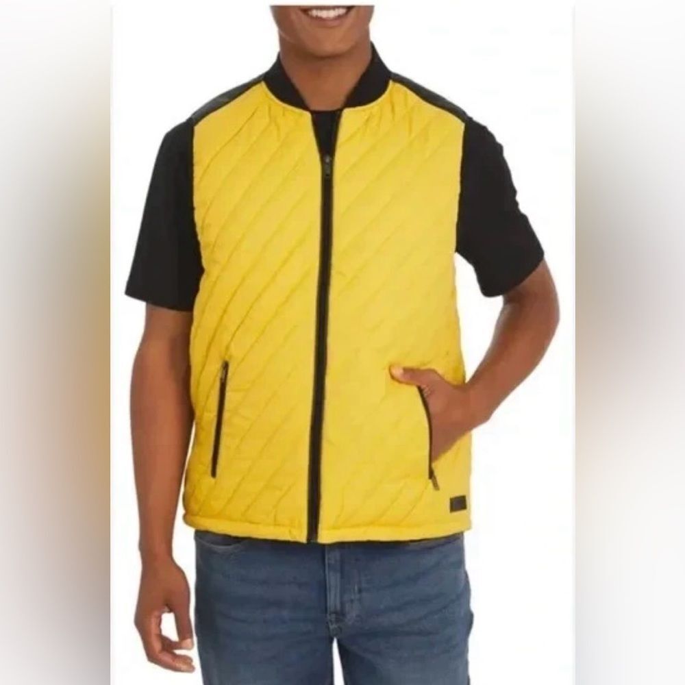 DKNY SZ M Men's Quilted Yellow Black Puffer Vest DK34VT1808 $108